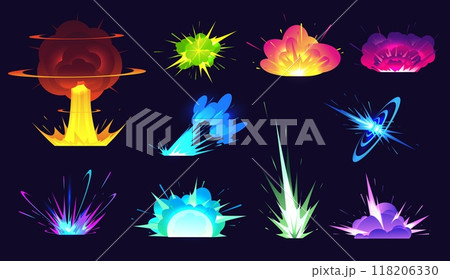Cartoon colorful magic explosions. Bomb boom effect. Power blasts with smoke clouds and fire flame flashes. Game comic detonators. Explosive attack. Fiery animation elements vector set Cartoon colorful magic explosions. Bomb boom effect. Power blasts with smoke clouds and fire flame flashes. Game comic detonators. Explosive attack. Fiery animation elements vector set 118206330