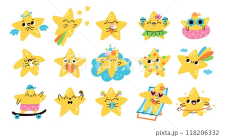 Cartoon cute stars. Funny characters. Different situations and poses. Emotion expressions. Happy mascot. Smiling personages. Crying emoji. Joyful fly. Starry beach relax. Garish vector set 118206332
