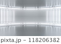 Minimalistic abstract white background stage. Neon light from lamps on walls of circular room. 3d illustration 118206382