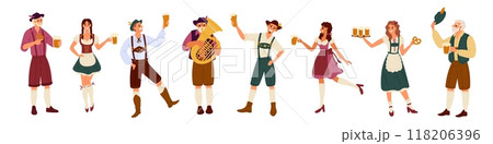Oktoberfest participants. Funny festival characters. People in national Bavarian clothes. German beer holiday. Dancing man. Woman with ale pints. October celebration. Garish vector set Oktoberfest participants. Funny festival characters. People in national Bavarian clothes. German beer holiday. Dancing man. Woman with ale pints. October celebration. Garish vector set 118206396