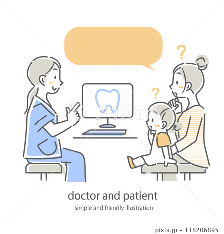 医師に質問をする親子　シンプルでお洒落な線画イラスト 118206895