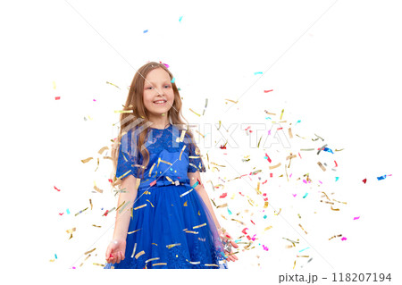 Little happy girl throwing colorful confetti on a white background. Little happy girl throwing colorful confetti on a white background. 118207194