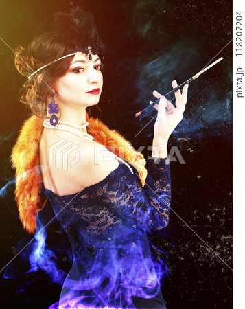 A processed and aged portrait of a woman in the style of the thirties with a cigar in her hand. 118207204