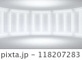 Minimalistic white background stage. Neon light from lamps on walls of circular room. 3d illustration 118207283