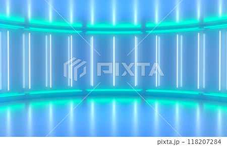 Abstract rounded room, illuminate neon lamps. Futuristic minimal scene. 3d illustration Abstract rounded room, illuminate neon lamps. Futuristic minimal scene. 3d illustration 118207284