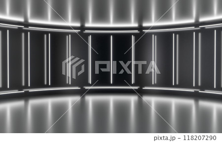 Abstract rounded pedestal podium room. Sci-fi empty stage concept with glowing neon lighting. Product display presentation. Futuristic minimal wall scene. 3d illustration 118207290