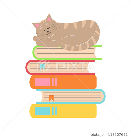 Cat lying asleep on a stack of books. Book library, education literature, knowledge, books lovers day concept. Vector illustration. 118207651
