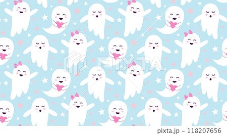 Cute ghosts with stars seamless pattern. Halloween baby characters. Magic scary spirits with different emotions. Vector cartoon illustration. 118207656