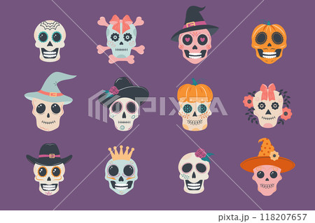 Halloween skull set. Mexican skeletons collection. Day of the dead. Dia muertos dead spooky skulls. 118207657