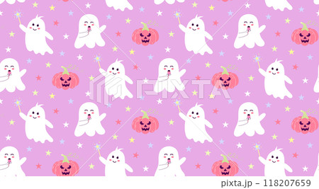 Cute ghosts with stars and pumpkin seamless pattern. Halloween baby characters. Magic scary spirits pastel print. Vector cartoon illustration. 118207659