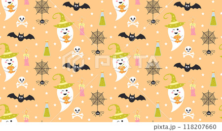 Cute ghost with pumpkin,  bat, spider on web and skull seamless pattern. Halloween baby characters. Vector cartoon illustration. 118207660