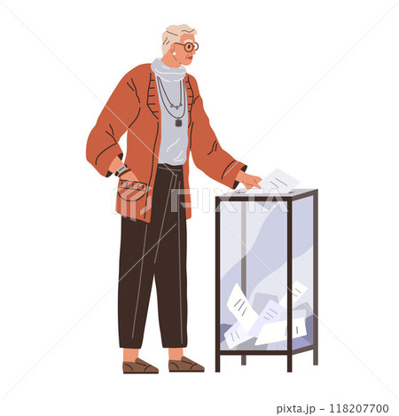 Old man throwing voting ballot for candidate in box during president or government election or referendum. Cartoon voter polling. Democracy and human opinion. Elderly man votes at polling station Old man throwing voting ballot for candidate in box during president or government election or referendum. Cartoon voter polling. Democracy and human opinion. Elderly man votes at polling station 118207700