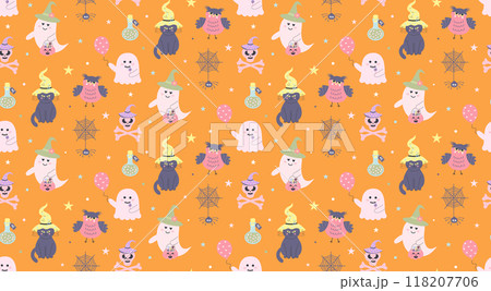Cute pink ghosts, owl, cat, spider on web seamless pattern. Halloween baby characters. Magic scary spirits with different emotions. Vector cartoon illustration. Cute pink ghosts, owl, cat, spider on web seamless pattern. Halloween baby characters. Magic scary spirits with different emotions. Vector cartoon illustration. 118207706