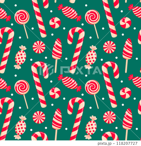 Candy cane, lollipops and swirl candies seamless pattern. Cute Christmas sweet candy design. Good for wrapping paper, background, fabric. 118207727
