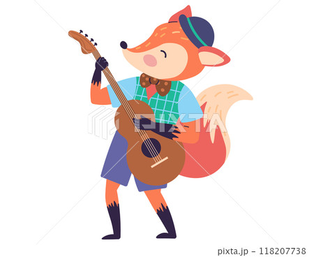Animal music vector illustration. Be part enchanted event where cheerful beasts perform in harmony The music party in zoo is celebration happiness and entertainment. Fox plays the guitar 118207738