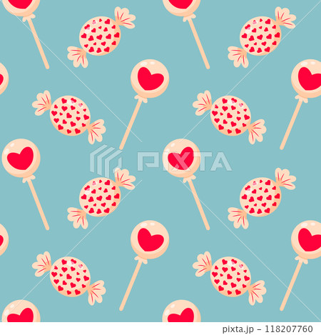 Lollipop with heart and candy with hearts seamless pattern. Cute sweet candy design. Good for wrapping paper, background, fabric. 118207760