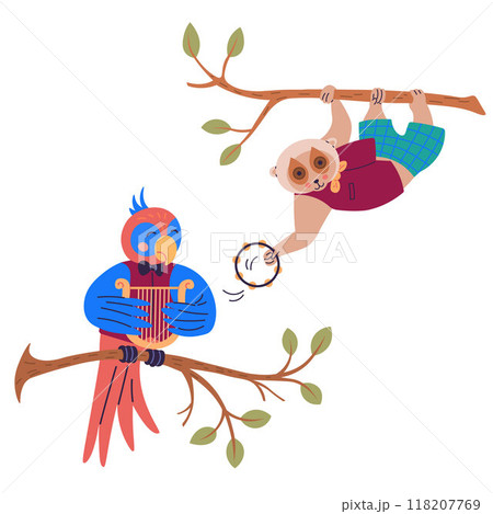 Animal music vector illustration. Happy creatures perform in cheerful music party, lively music band as they perform magical animal music metaphor. Parrot plays the harp, lemur plays the tambourines 118207769