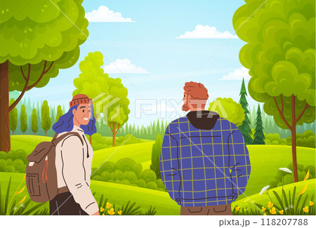 Happy people spending leisure time in green tree park. Family, friends walking at adorable garden. Young couple walking together in park. Smiling man and woman enjoy romantic date in summer forest 118207788