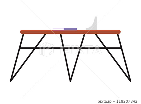 Table, classic furniture for kitchen or living room. Home interior element, modern desk with book and vase. Wooden table top with metal legs isolated on white background for interiors in cartoon style 118207842