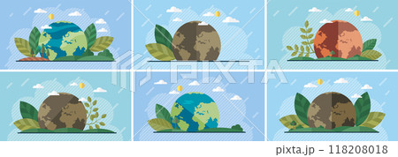 World Environment Day. Earth day or environment conservation concept. Save green planet. Earth nature care. Eco globe green world with plant symbol set. Ecology planet and leaf. Presentation print 118208018