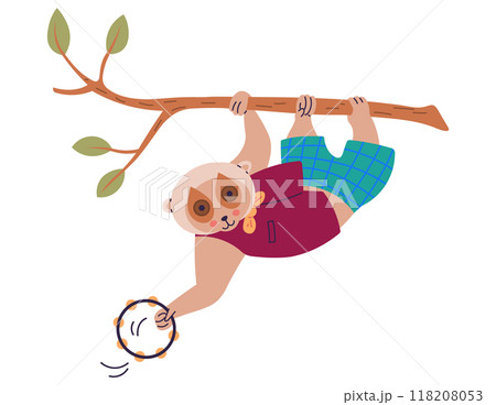 Animal music vector illustration. Happy animals come together to perform cheerful melody in music party The magical animal music. Lemur plays a tambourine while hanging on a branch 118208053