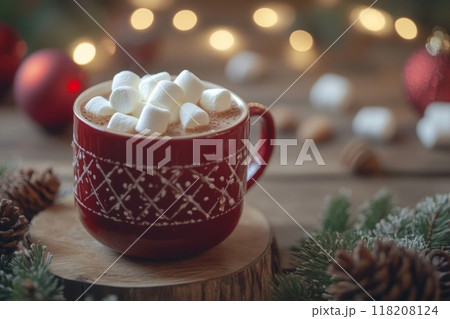 Red Mug of Hot Chocolate with Marshmallows and Christmas Decorations 118208124