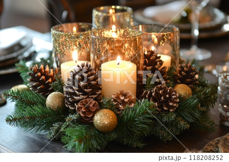 Candlelit Centerpiece with Pine Cones and Christmas Ornaments 118208252