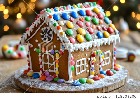 Decorated Gingerbread House with Candy and Icing 118208286