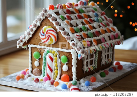 Decorated Gingerbread House with Candy and Frosting 118208287