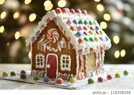 Decorated Gingerbread House with Candy Canes and Colorful Candies 118208288