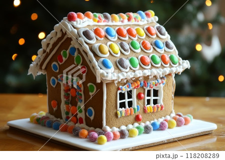 Gingerbread House Decorated with Colorful Candies 118208289