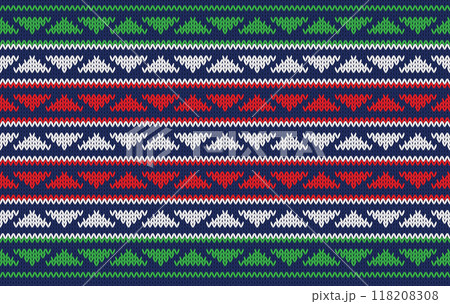 Knitted pattern seamless ethnic fabric Christmas color theme on green. traditional knitted pattern triangle pattern. Designed for knitted pattern ,background ,wallpaper ,embroidery ,textile ,fabric 118208308