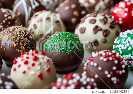 A Close-Up of Various Chocolate Truffles Decorated with Sprinkles 118208325