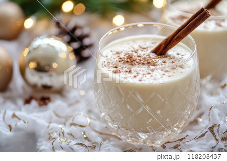 Eggnog Drink with Cinnamon Stick in Glass 118208437