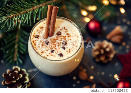 Eggnog with Cinnamon Sticks and Spices, Festive Setting 118208438