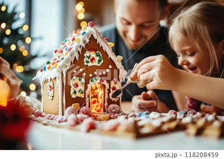 A Young Girl Decorating a Gingerbread House with a Man Watching 118208459