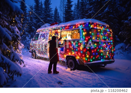 A Person Standing by a Christmas-Light-Decorated Van in the Snow 118208462