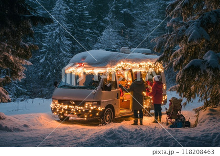A Snow-Covered Campervan Decorated With Christmas Lights 118208463