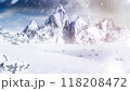 Sunset in the mountains. Beautiful winter background. Descent. Wind and snow dust. Mountains. 3d rendering 118208472