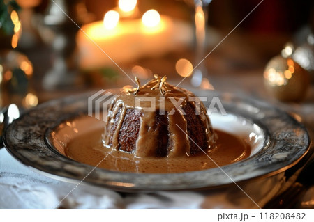 Chocolate Pudding with Caramel Sauce and Gold Flakes 118208482