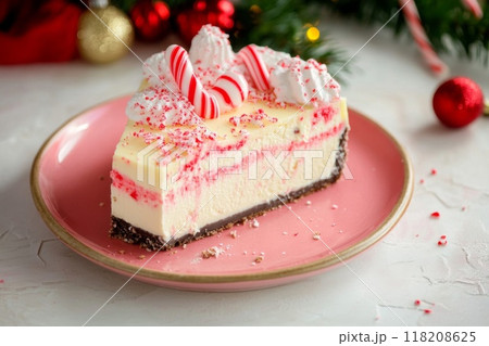 Peppermint Cheesecake Slice with Whipped Cream and Candy Cane Garnish Peppermint Cheesecake Slice with Whipped Cream and Candy Cane Garnish 118208625