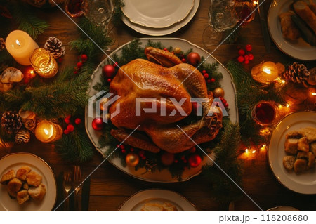 Festive Christmas Dinner Table with Roasted Turkey 118208680