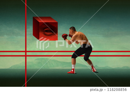 Man, boxer fighting with mysterious red cube with watching eye, blending tension and focus with surreal elements. Contemporary art collage. Man, boxer fighting with mysterious red cube with watching eye, blending tension and focus with surreal elements. Contemporary art collage. 118208856