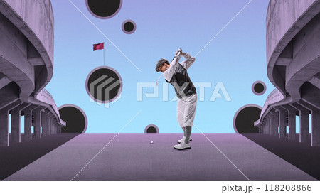 Male golfer preparing to swing in infinite landscape, surrounded by geometric shapes against abstract background. Contemporary art collage. 118208866