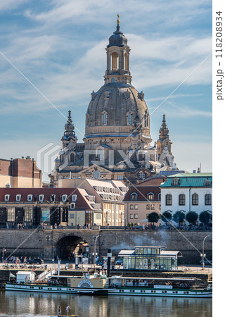 Huge dome of Frauenkirche Lutheran Church of Our Lady dominating the skyline of Dresden, Saxony, Germany 118208934