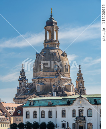 Huge dome of Frauenkirche Lutheran Church of Our Lady dominating the skyline of Dresden, Saxony, Germany 118208936
