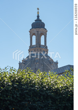 Huge dome of Frauenkirche Lutheran Church of Our Lady dominating the skyline of Dresden, Saxony, Germany 118208939