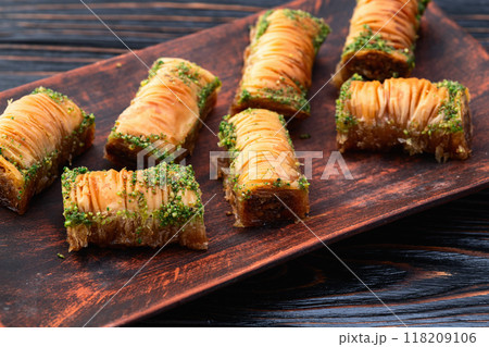 Traditional Turkish dessert baklava with walnut 118209106