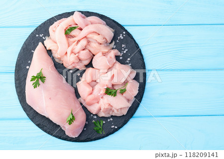 Raw chicken meat fillet ( breast ) Various of cutting in form slice and cube 118209141