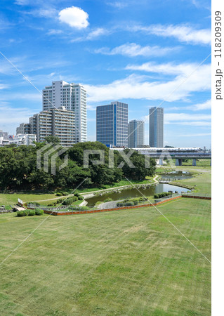快晴の新二子橋から 多摩川河川敷の兵庫島公園(東京都世田谷区) 快晴の新二子橋から 多摩川河川敷の兵庫島公園(東京都世田谷区) 118209309